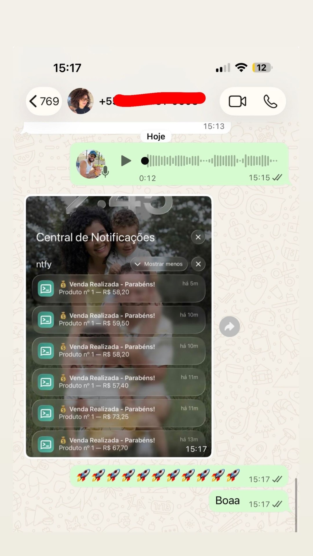 Conversa sobre notificações de vendas no celular, com avatar CTK no áudio